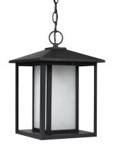 Generation Lighting 69029EN3-12 - Hunnington contemporary 1-light LED outdoor exterior pendant in black finish with etched seeded glas